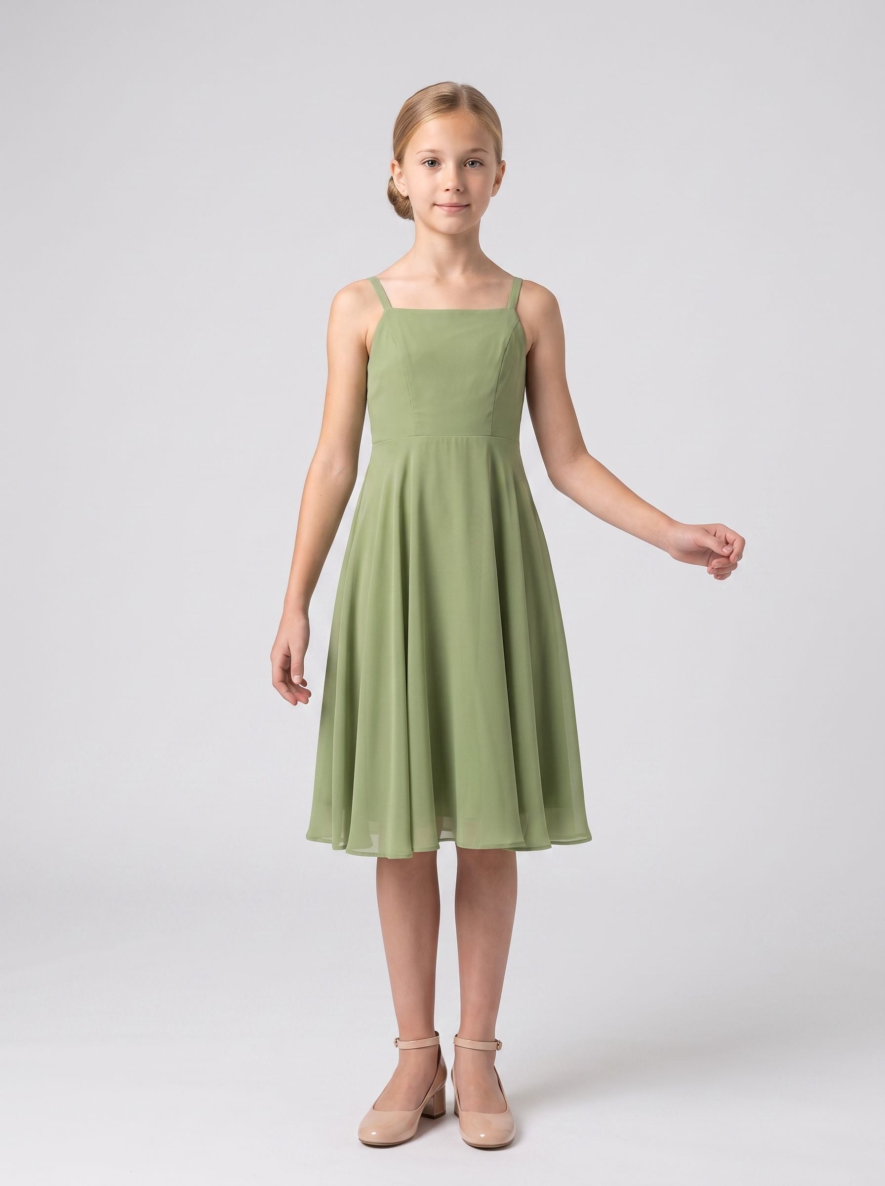 Sage Green Chiffon A-Line Straight Neck Bow Knee-Length with Pleating