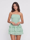 Sage Green Chiffon A-Line Straight Neck Back Zip Short Dress with Tiered Ruffles