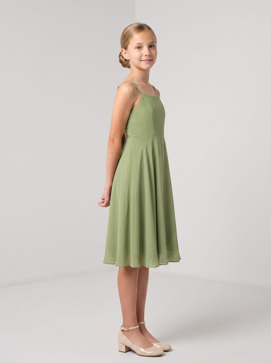 Sage Green Chiffon A-Line Straight Neck Bow Knee-Length with Pleating