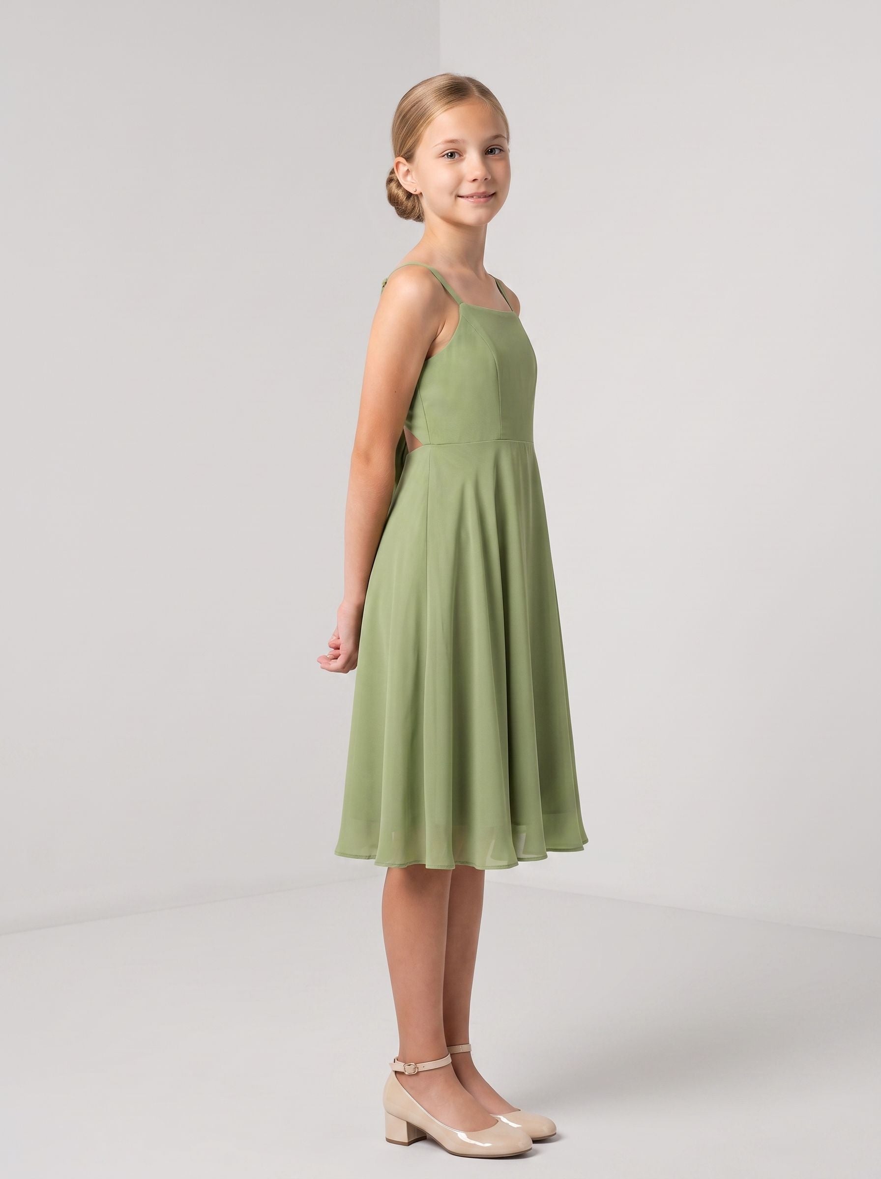 Sage Green Chiffon A-Line Straight Neck Bow Knee-Length with Pleating