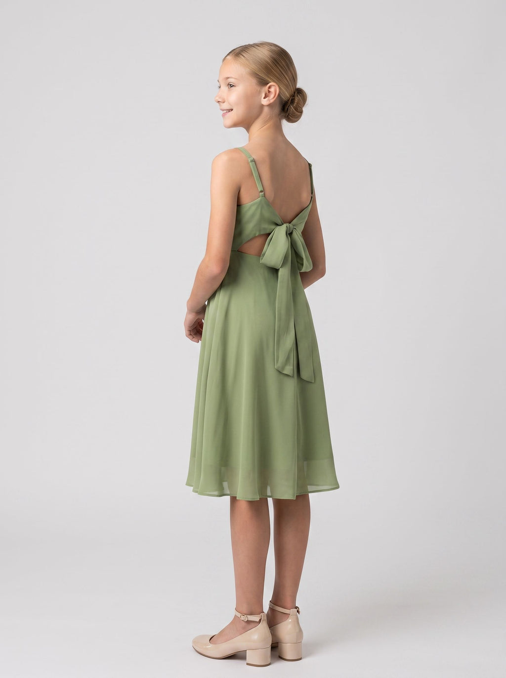 Sage Green Chiffon A-Line Straight Neck Bow Knee-Length with Pleating