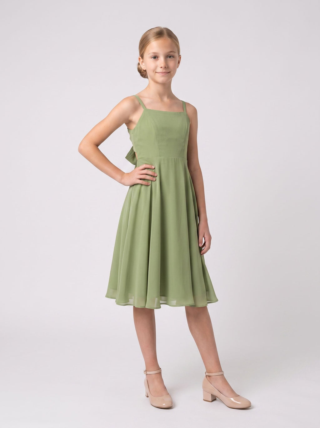 Sage Green Chiffon A-Line Straight Neck Bow Knee-Length with Pleating