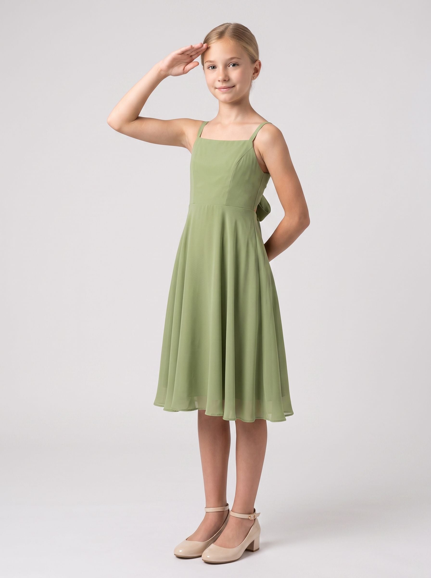 Sage Green Chiffon A-Line Straight Neck Bow Knee-Length with Pleating