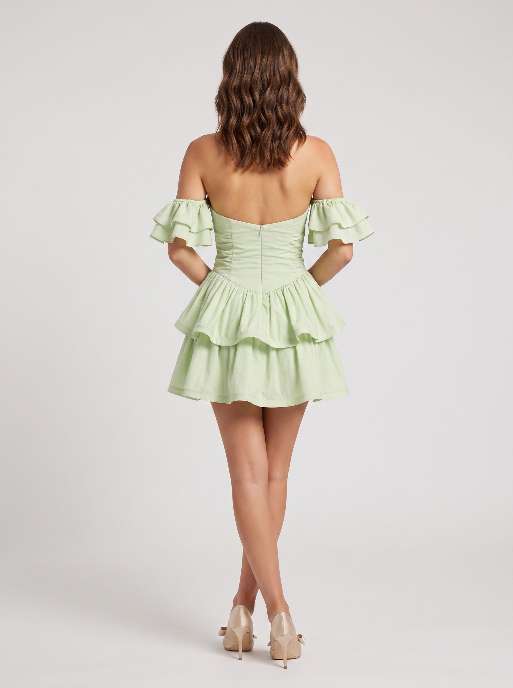 Green Satin A-Line Halter neckline Backless Short Dress with Tiered Skirt