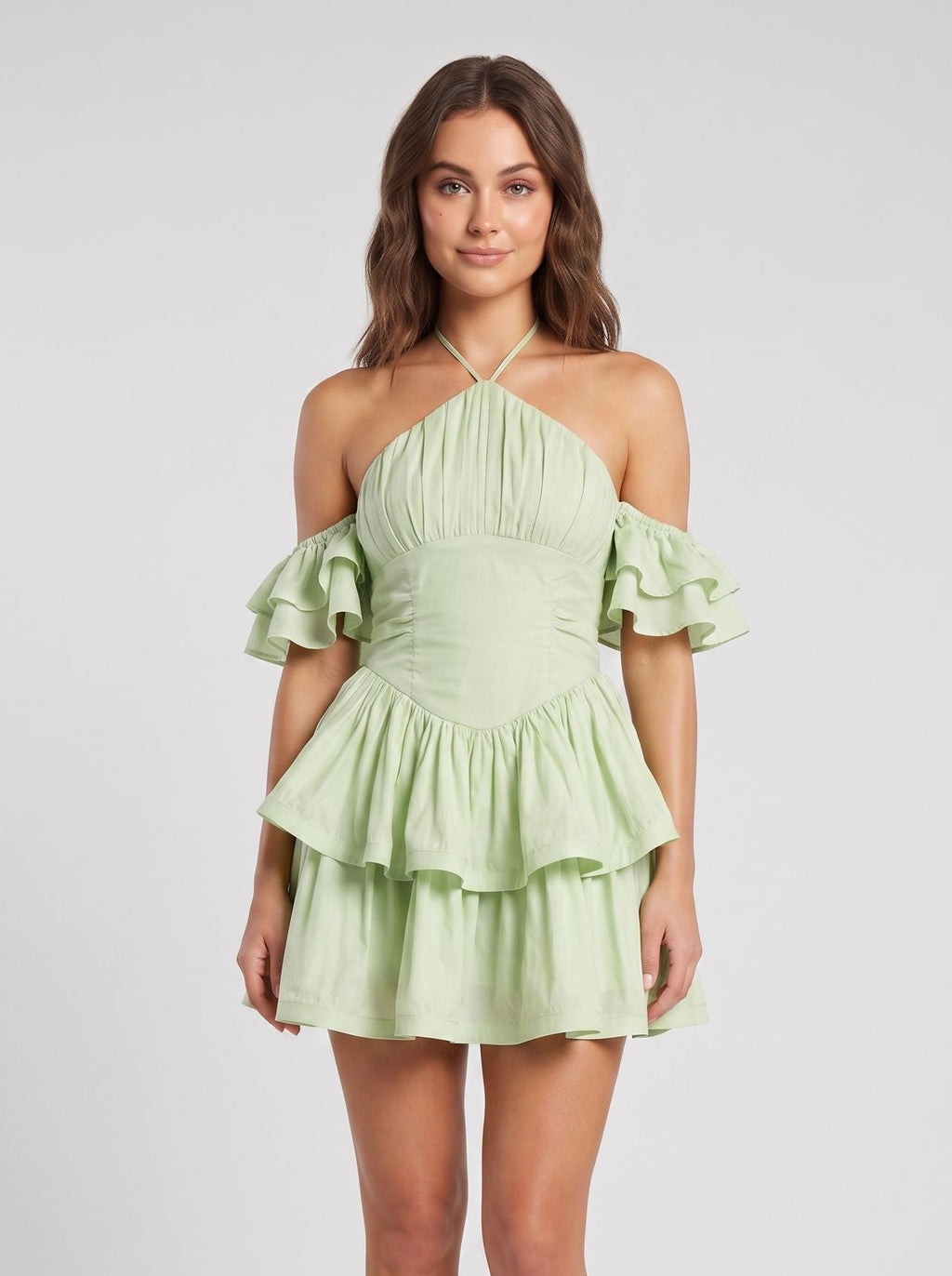 Green Satin A-Line Halter neckline Backless Short Dress with Tiered Skirt