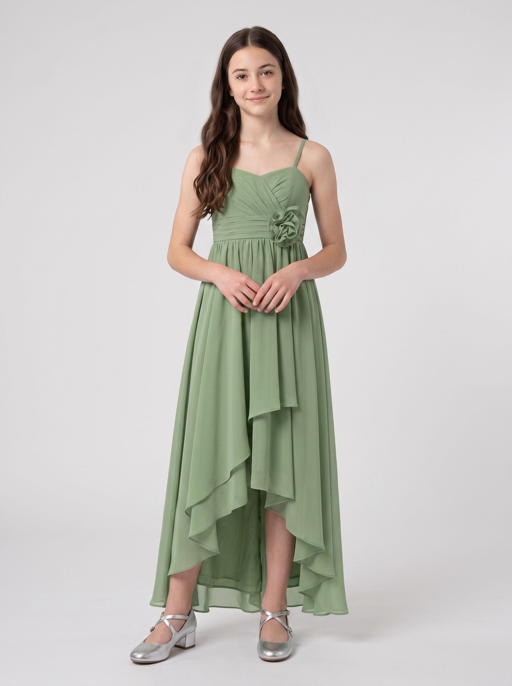 Sage Green Chiffon A-Line Sweetheart Back Zip Asymmetrical with Pleated Bodice