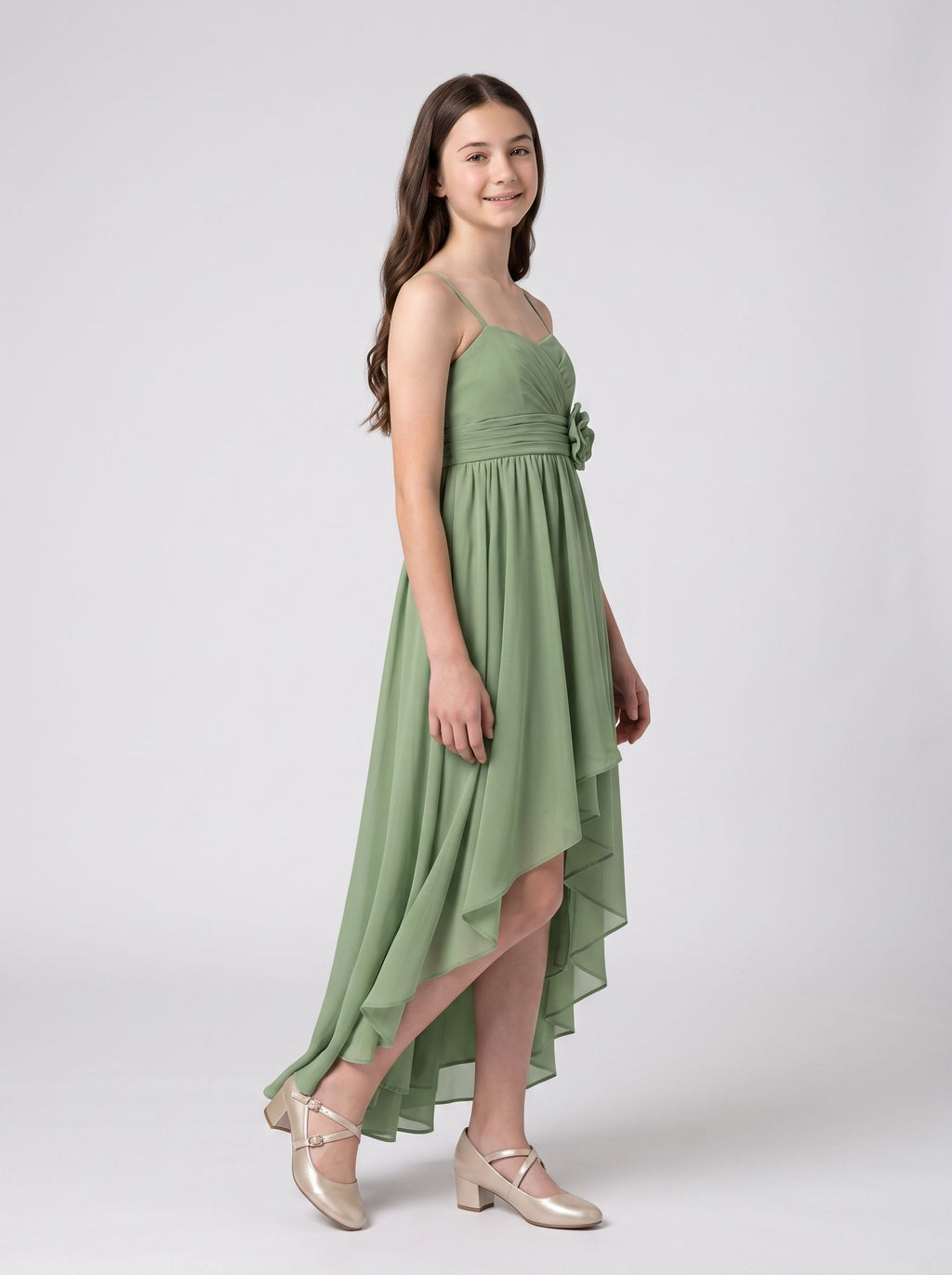 Sage Green Chiffon A-Line Sweetheart Back Zip Asymmetrical with Pleated Bodice