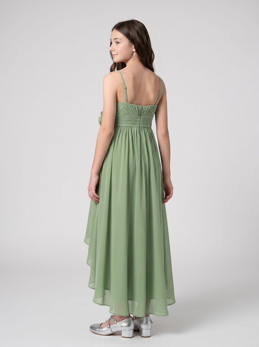 Sage Green Chiffon A-Line Sweetheart Back Zip Asymmetrical with Pleated Bodice
