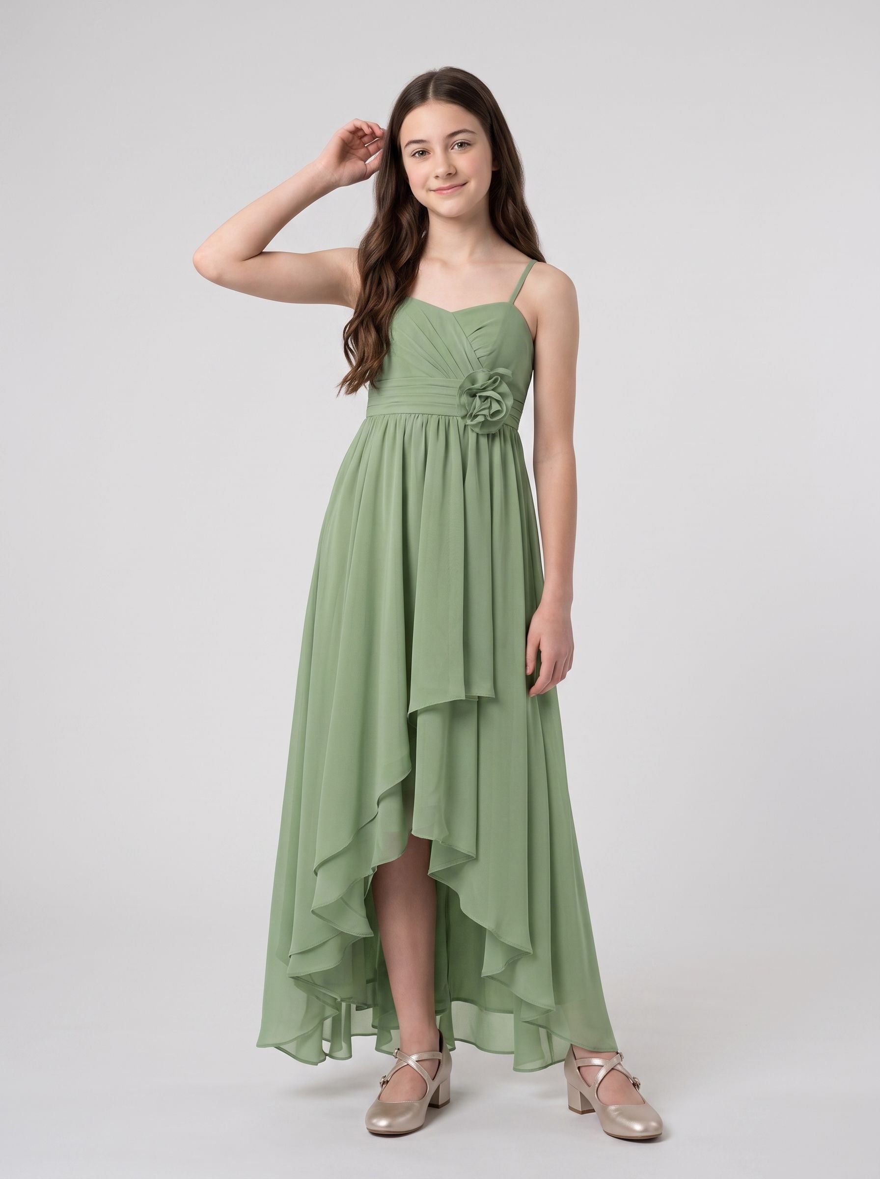 Sage Green Chiffon A-Line Sweetheart Back Zip Asymmetrical with Pleated Bodice