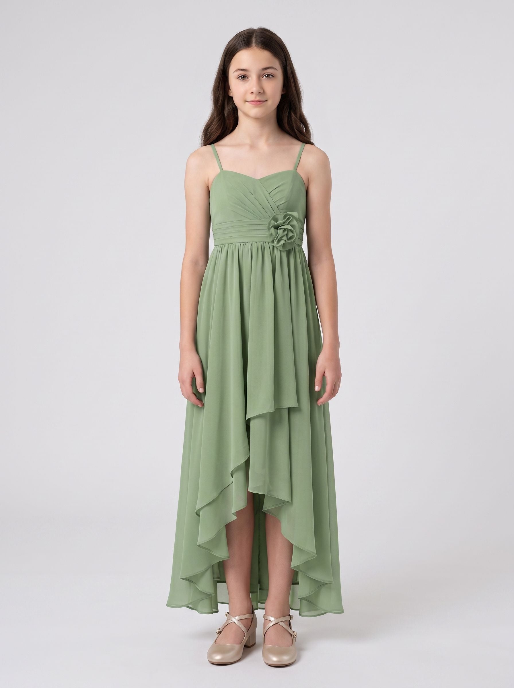 Sage Green Chiffon A-Line Sweetheart Back Zip Asymmetrical with Pleated Bodice