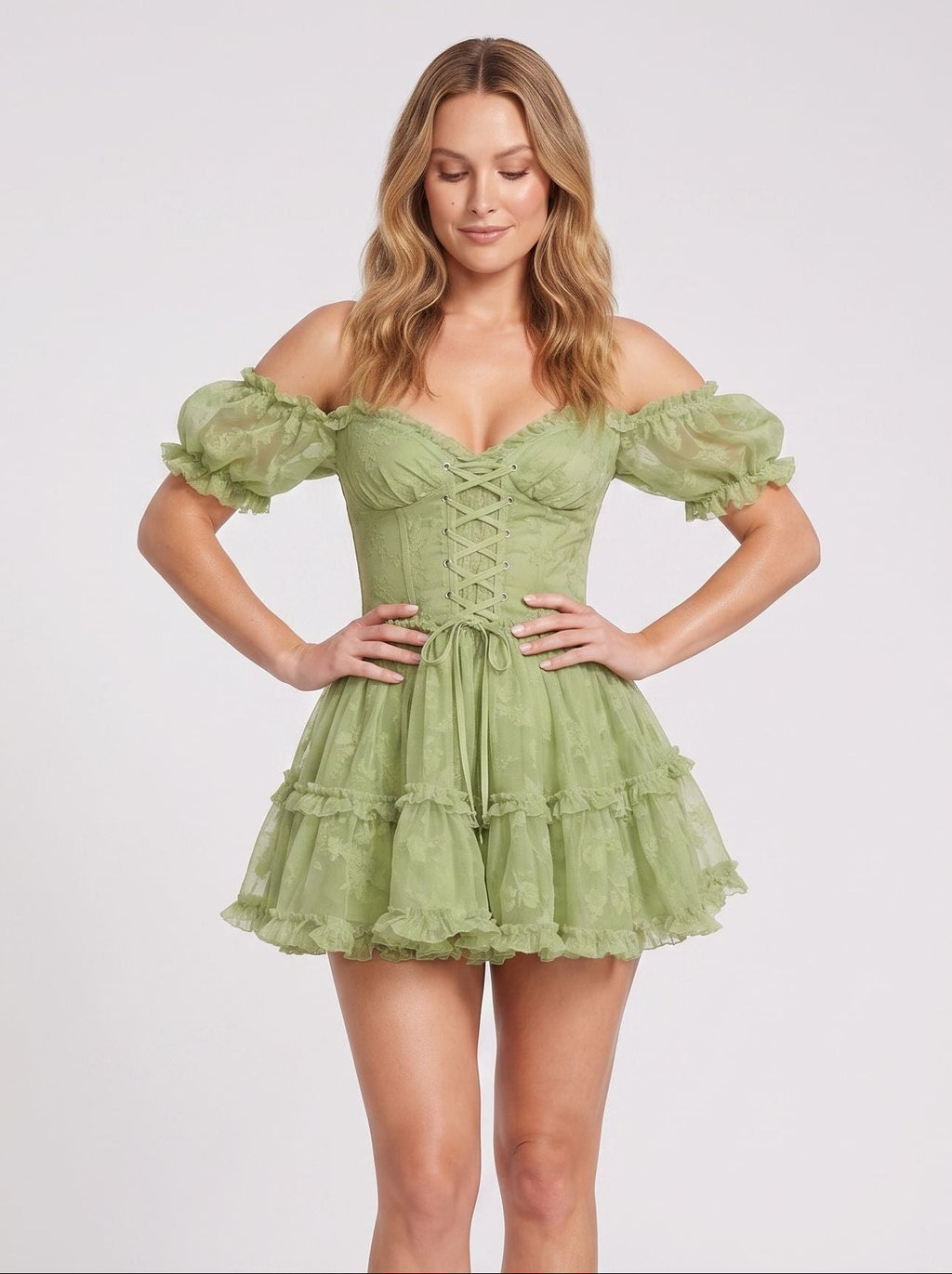 Sage Green Tulle A-Line Sweetheart Backless Short Dress with Tiered Ruffles