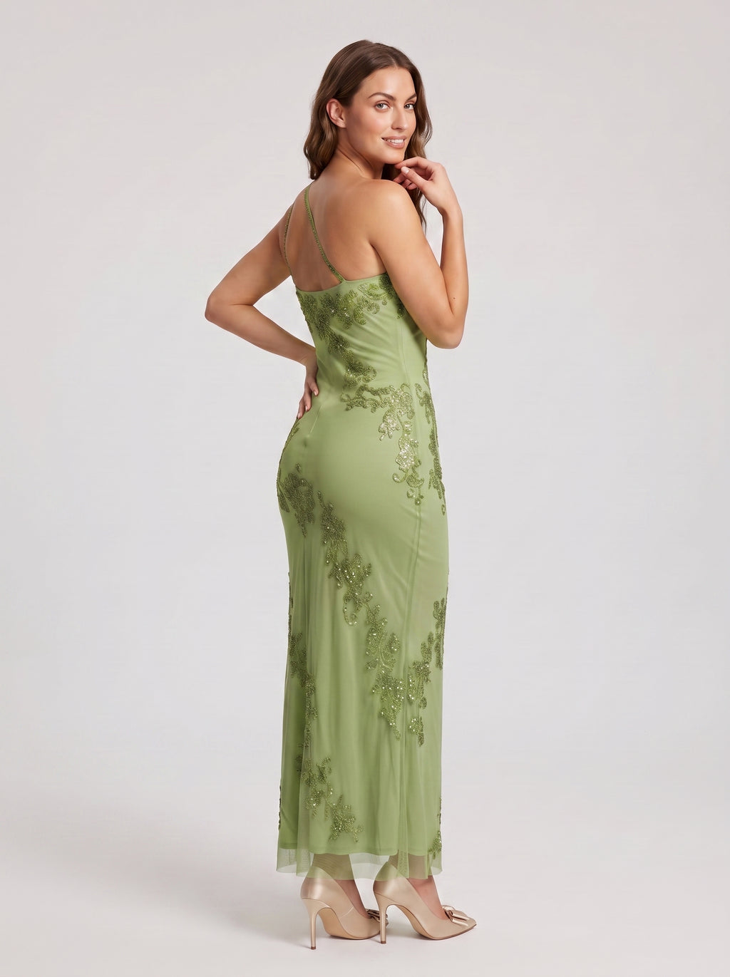 Sage Green Chiffon Mermaid One Shoulder Back Zip Floor-Length Dress with Pleating