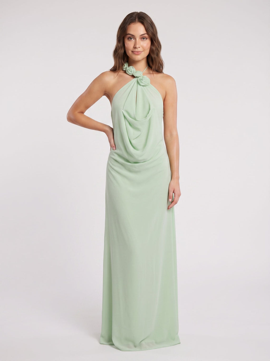 Dusty Sage Chiffon Column  Halter Neckline Backless Floor-Length Dress with Rose Applique