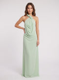 Dusty Sage Chiffon Column  Halter Neckline Backless Floor-Length Dress with Rose Applique
