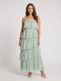 Dusty Sage Chiffon A-Line Straight Neck Back Zip Floor-Length Dress with Tiered Ruffles