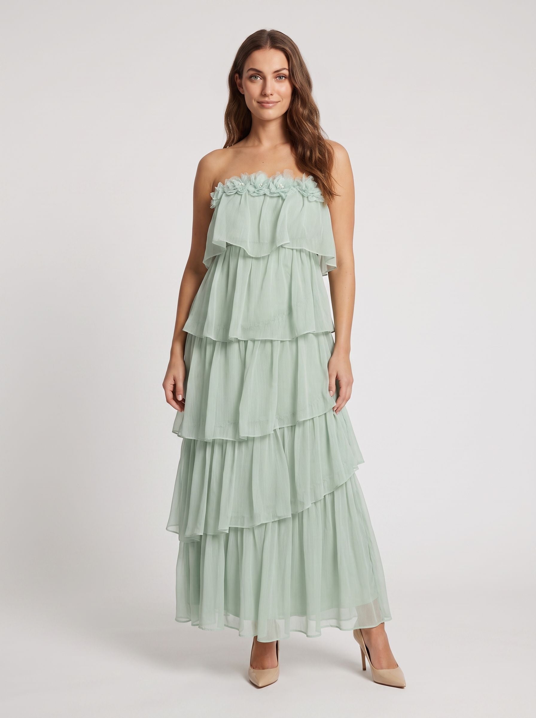 Dusty Sage Chiffon A-Line Straight Neck Back Zip Floor-Length Dress with Tiered Ruffles