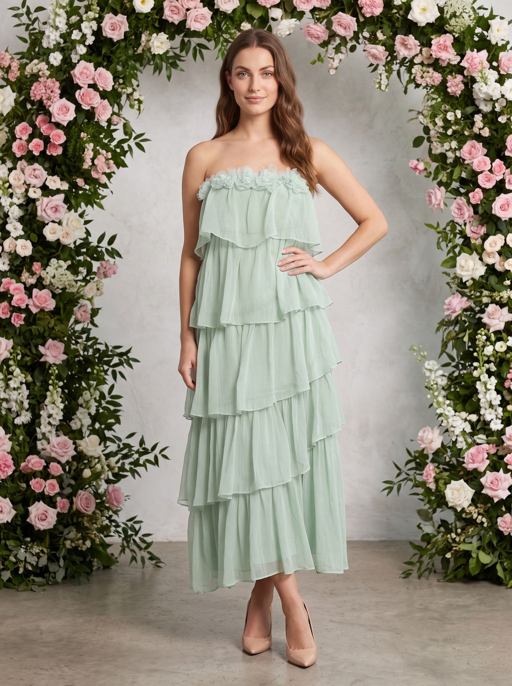 Dusty Sage Chiffon A-Line Straight Neck Back Zip Floor-Length Dress with Tiered Ruffles