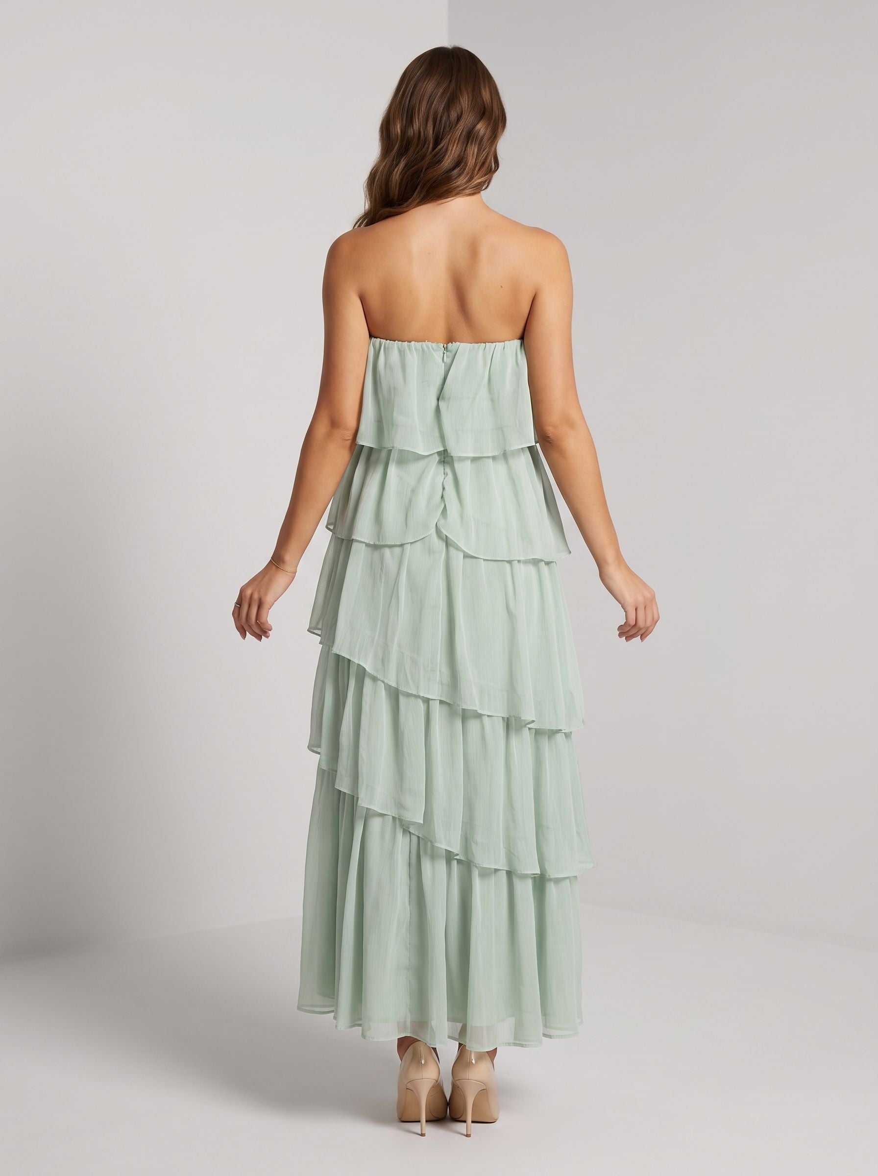 Dusty Sage Chiffon A-Line Straight Neck Back Zip Floor-Length Dress with Tiered Ruffles