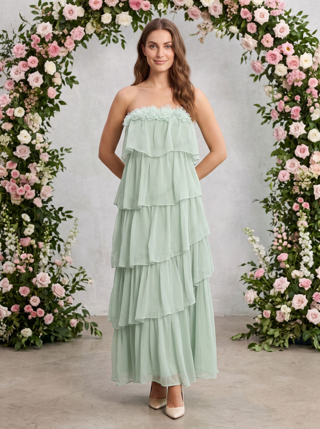 Dusty Sage Chiffon A-Line Straight Neck Back Zip Floor-Length Dress with Tiered Ruffles