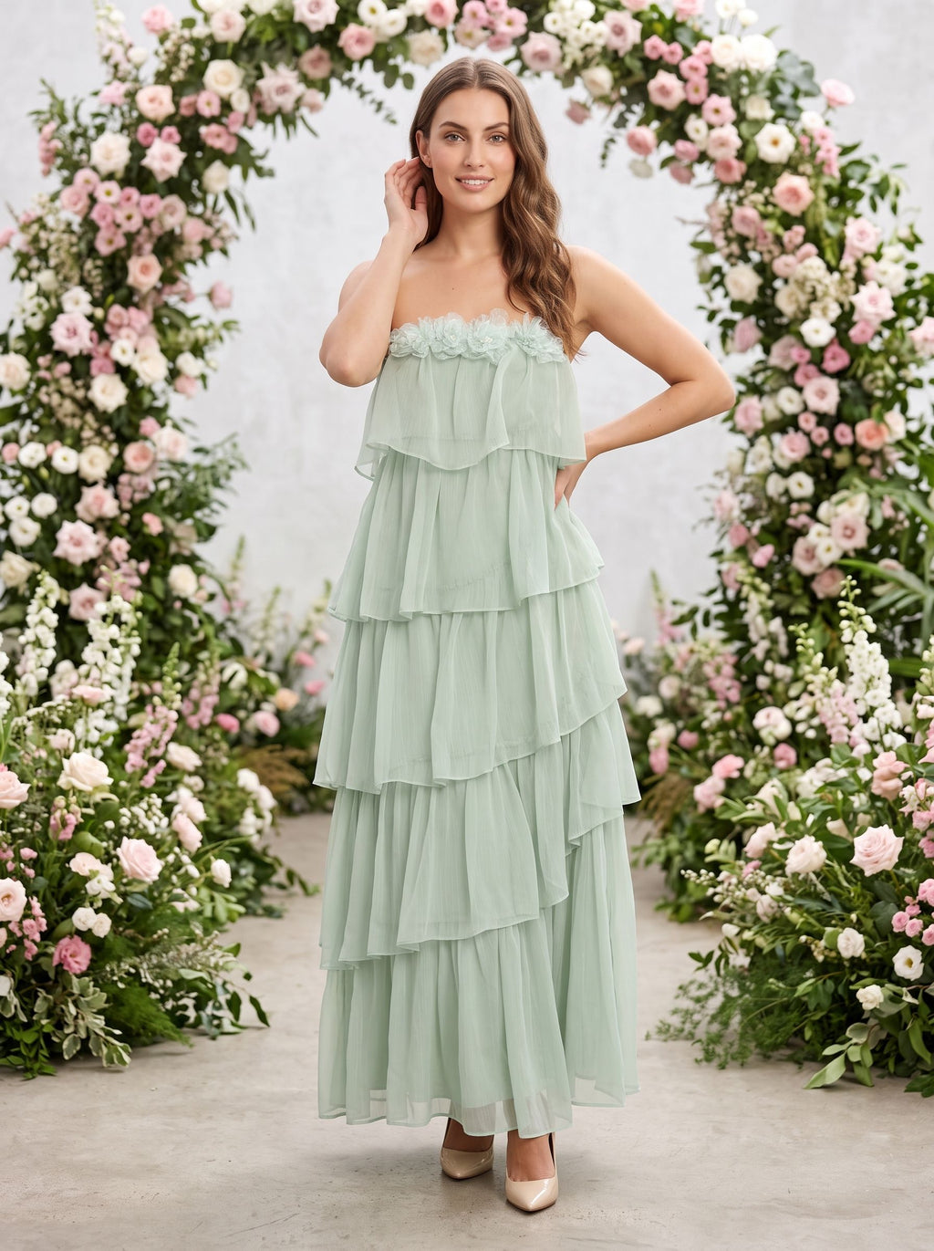 Dusty Sage Chiffon A-Line Straight Neck Back Zip Floor-Length Dress with Tiered Ruffles