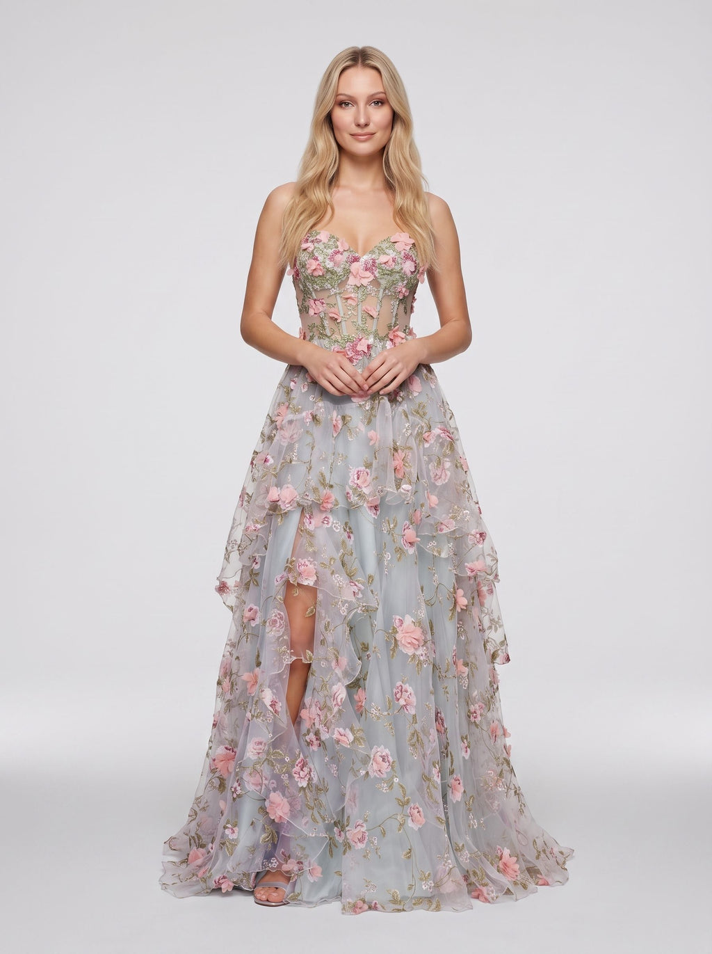 Purple Floral Tulle A-Line Sweetheart Criss-Cross Straps Floor-Length Dress with 3D Appliques