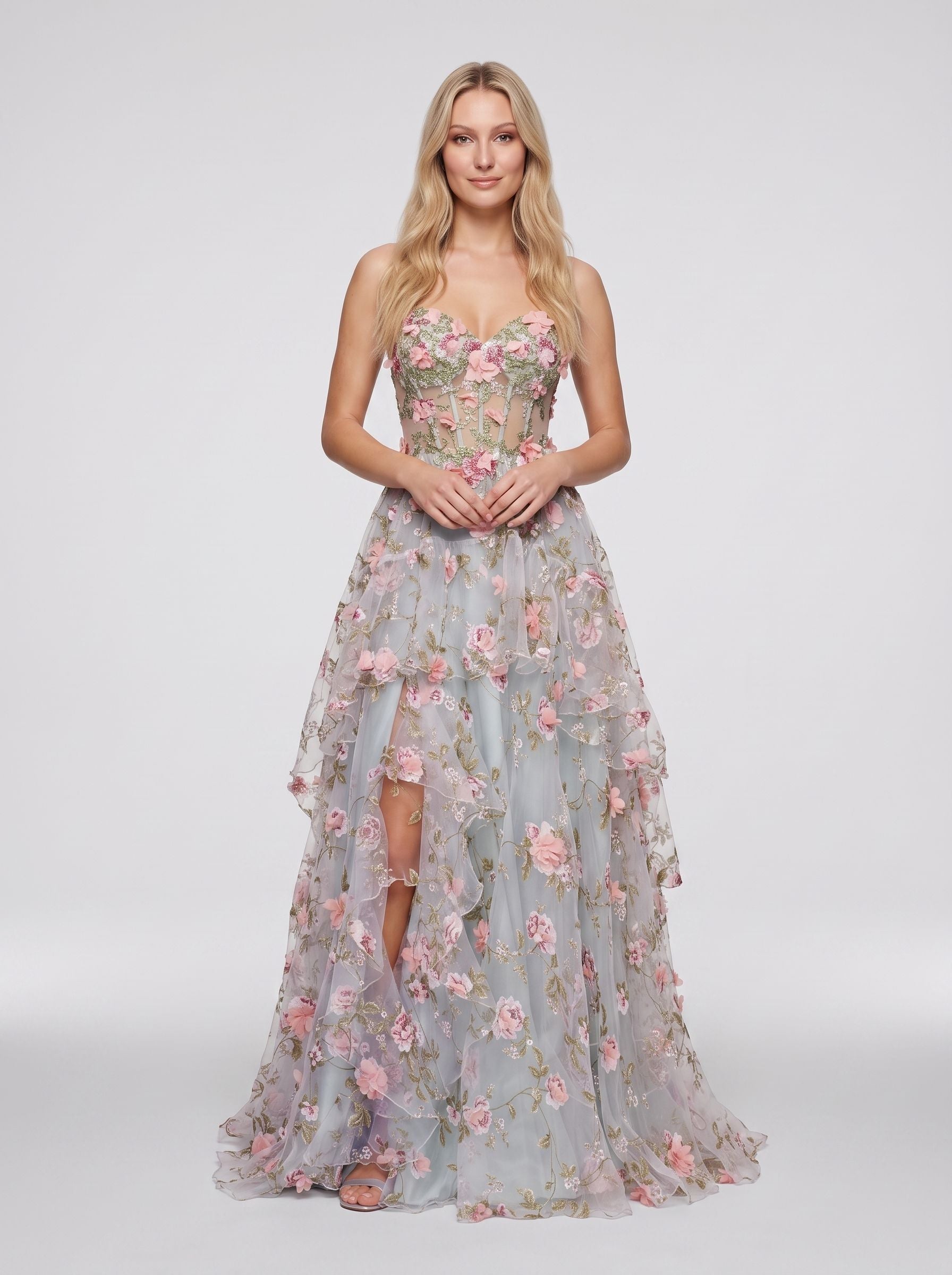 Purple Floral Tulle A-Line Sweetheart Criss-Cross Straps Floor-Length Dress with 3D Appliques