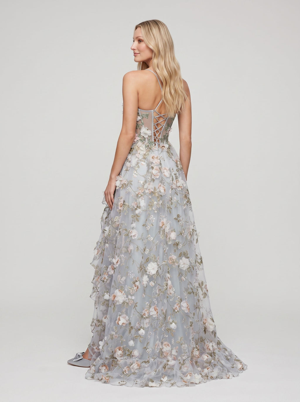 Purple Floral Tulle A-Line Sweetheart Criss-Cross Straps Floor-Length Dress with 3D Appliques