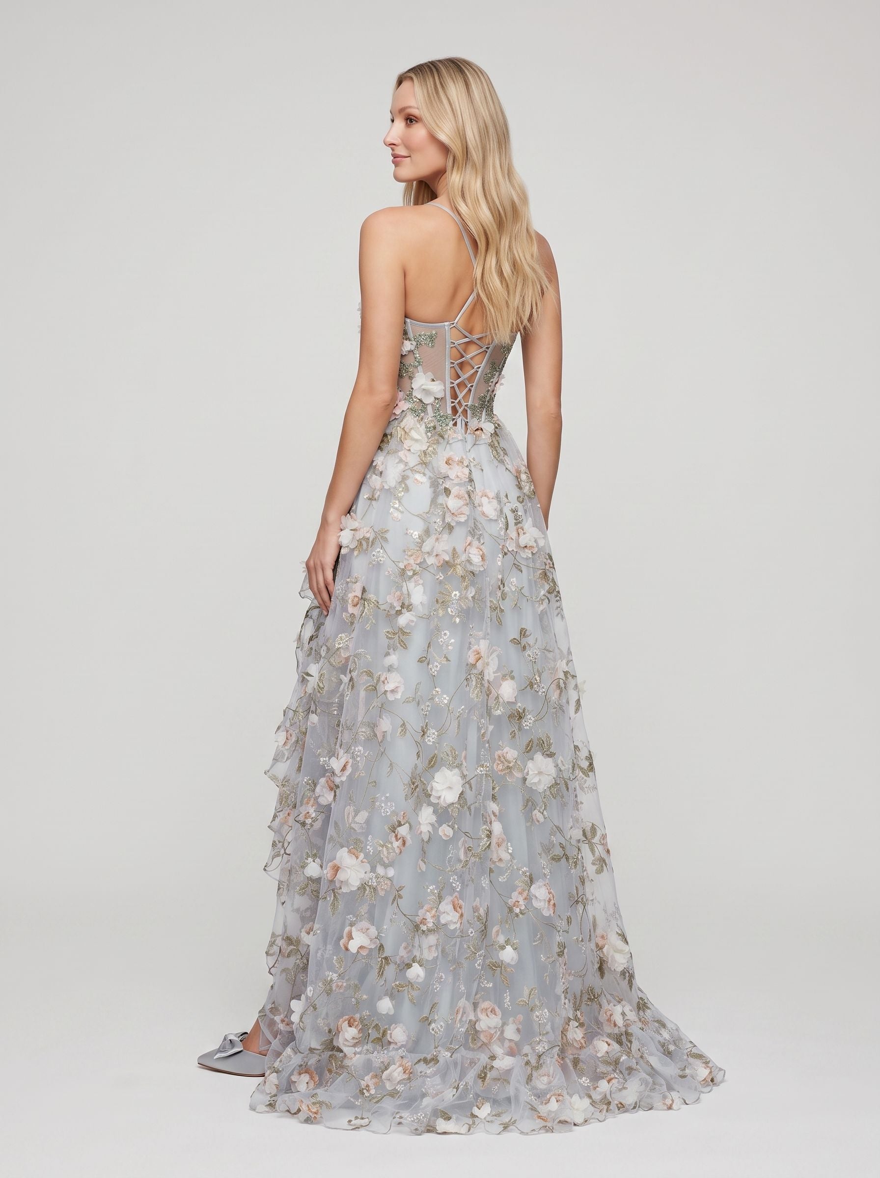 Purple Floral Tulle A-Line Sweetheart Criss-Cross Straps Floor-Length Dress with 3D Appliques