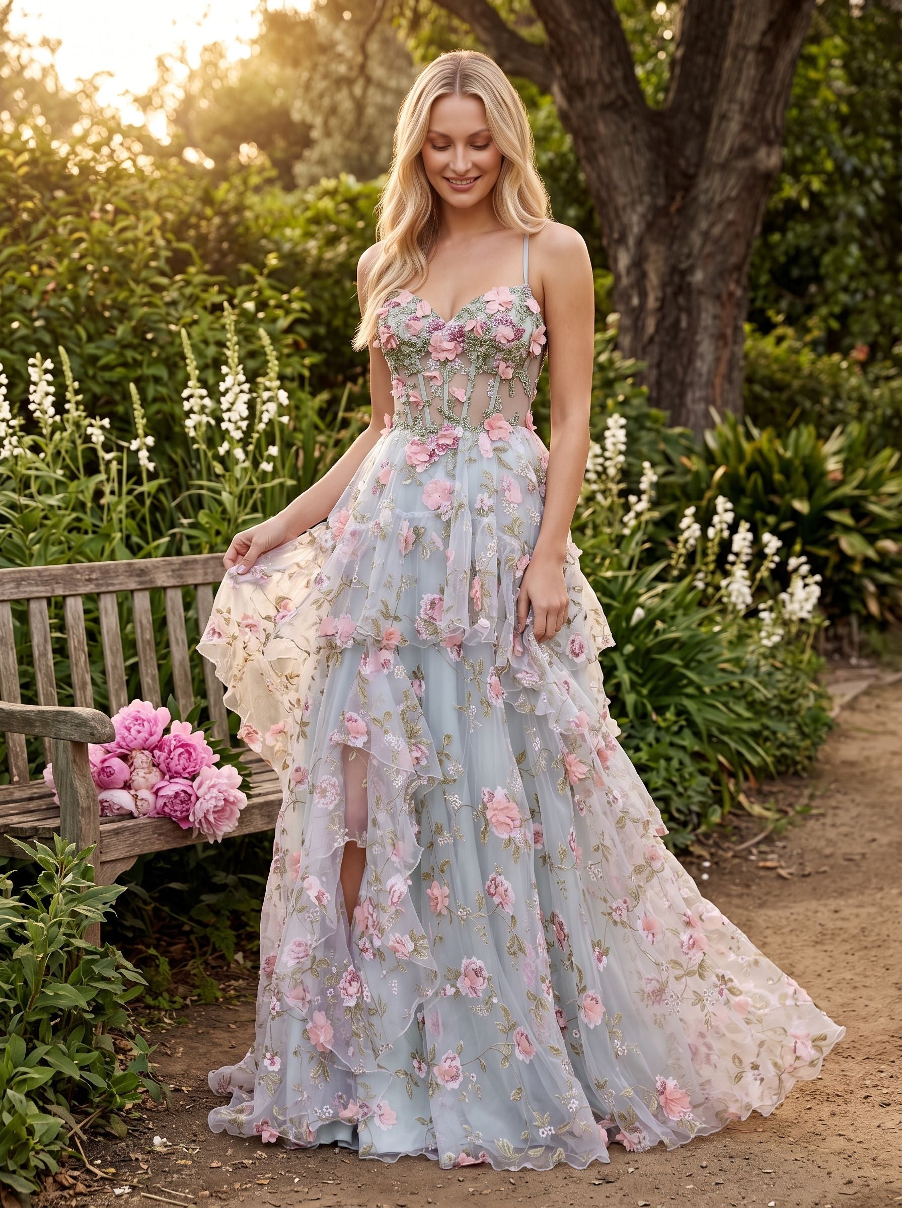 Purple Floral Tulle A-Line Sweetheart Criss-Cross Straps Floor-Length Dress with 3D Appliques