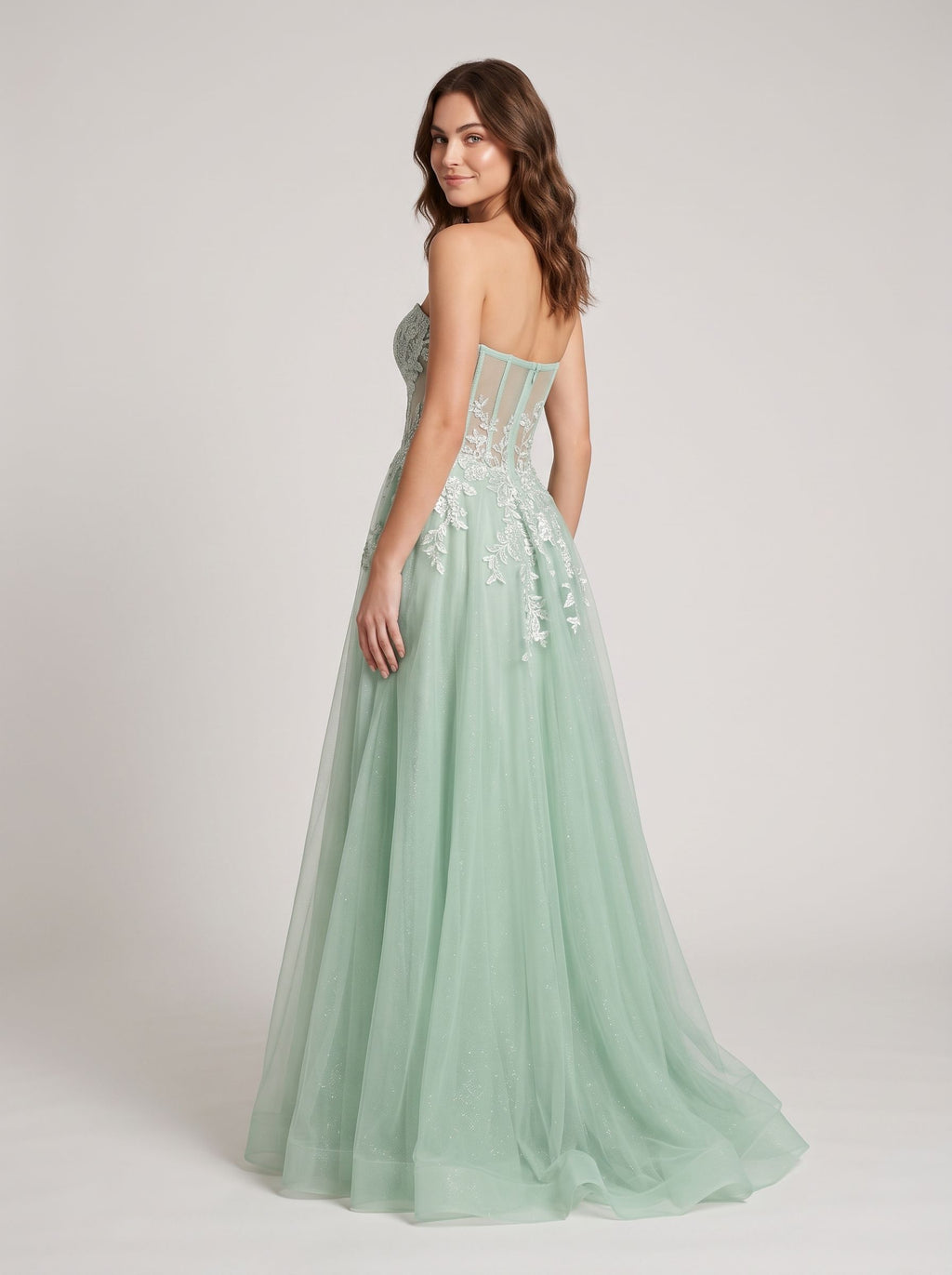 Mint Green Glitter Lace A-Line Sweetheart Corset Back Floor-Length Dress with Slit