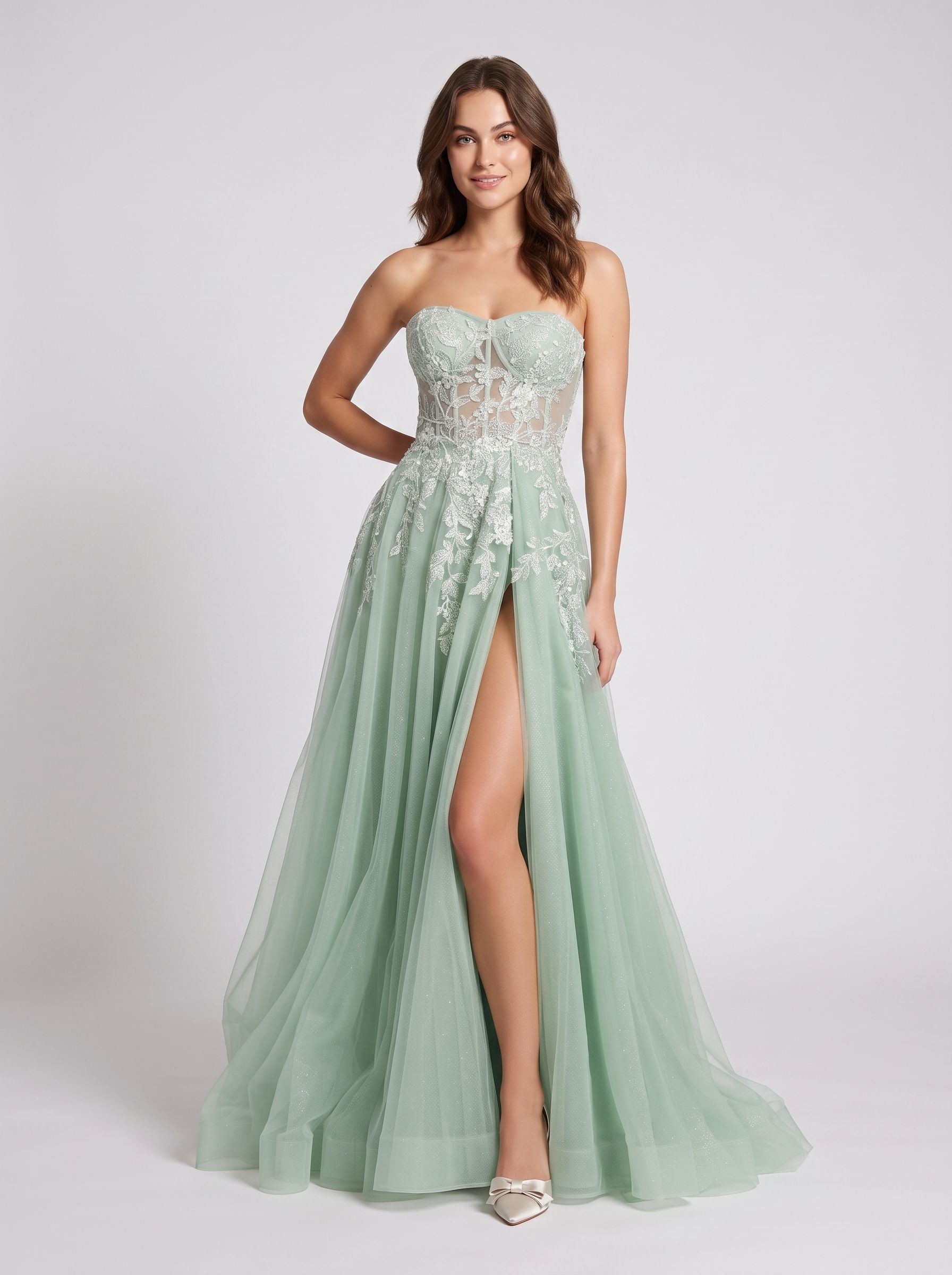 Mint Green Glitter Lace A-Line Sweetheart Corset Back Floor-Length Dress with Slit