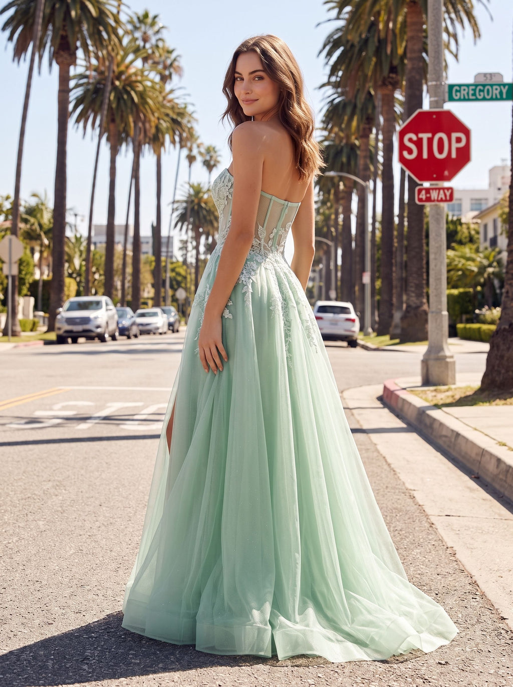 Mint Green Glitter Lace A-Line Sweetheart Corset Back Floor-Length Dress with Slit