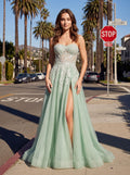 Mint Green Glitter Lace A-Line Sweetheart Corset Back Floor-Length Dress with Slit