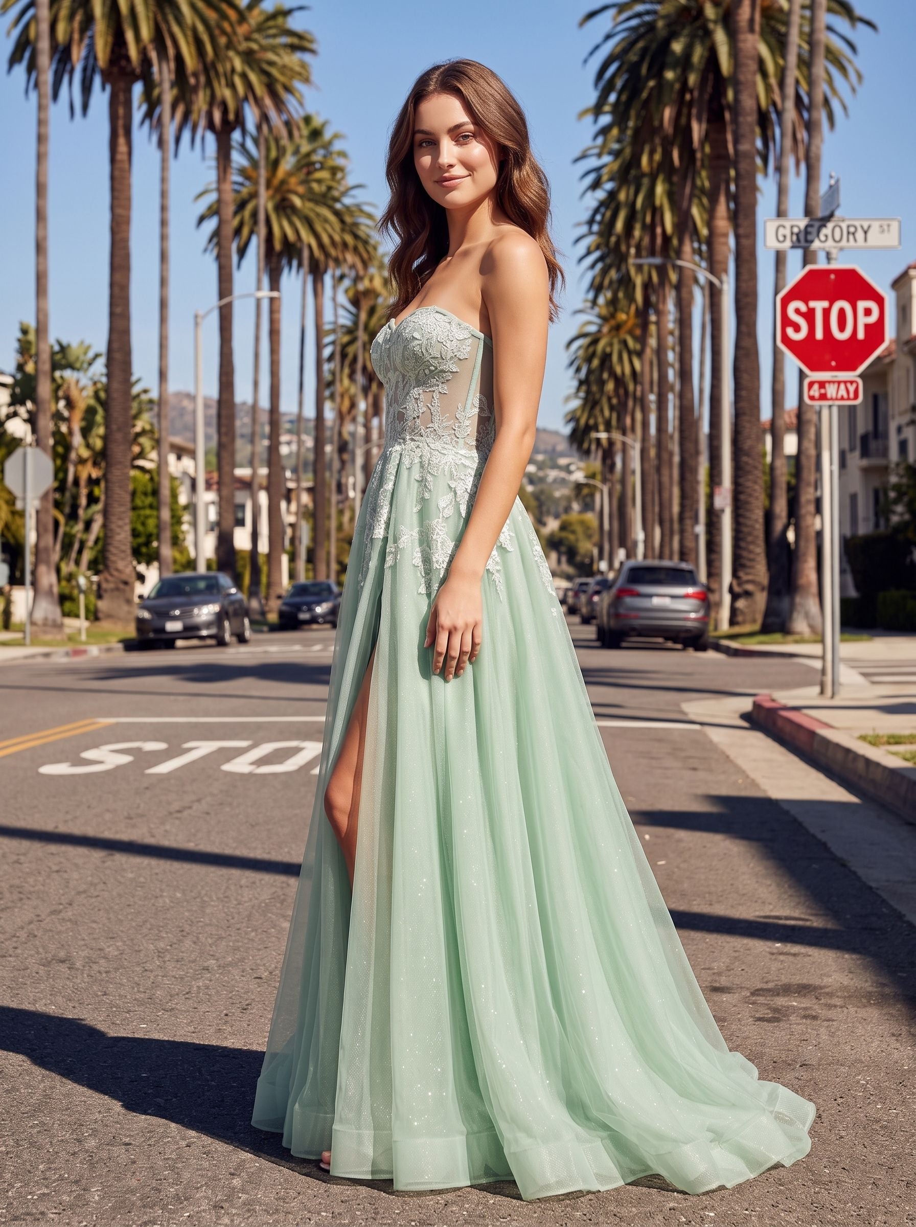 Mint Green Glitter Lace A-Line Sweetheart Corset Back Floor-Length Dress with Slit