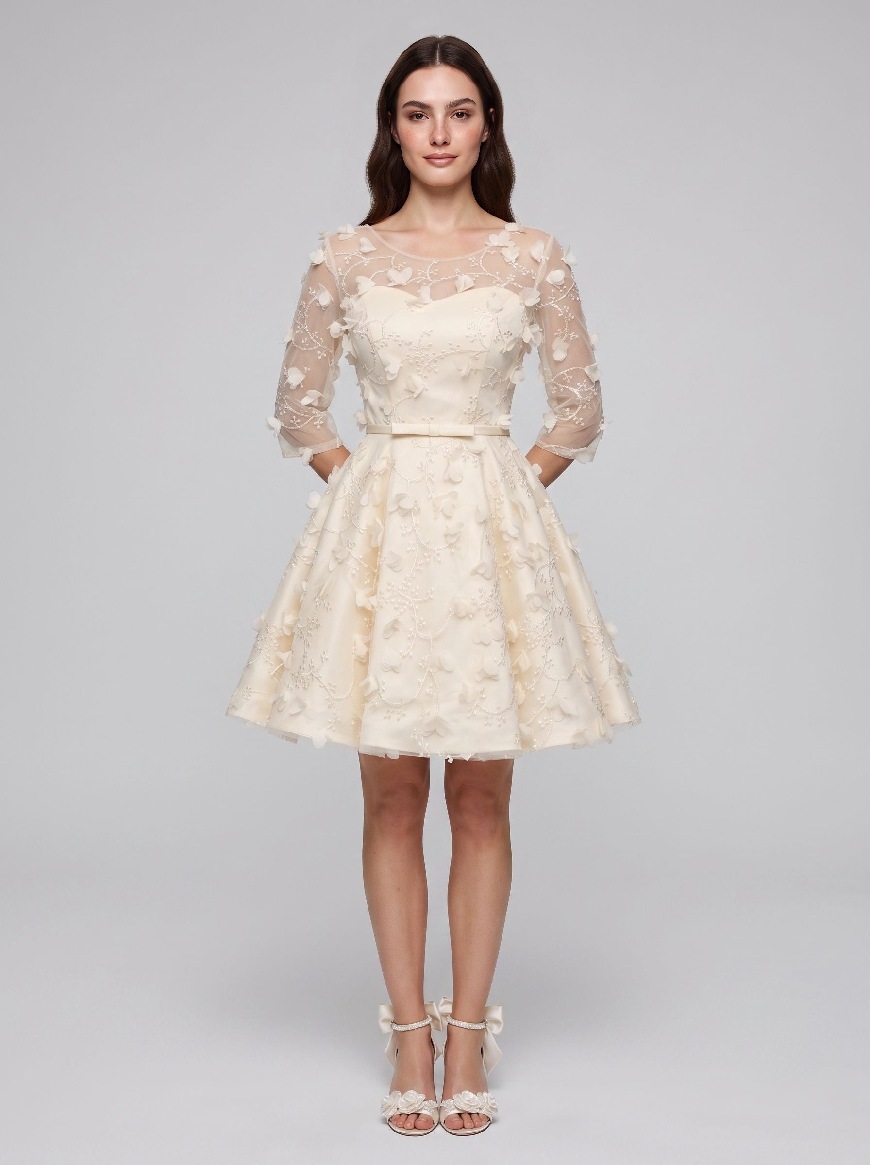 Ivory Lace A-Line Scoop Neck Criss-Cross Straps Short Dress with Floral Appliques