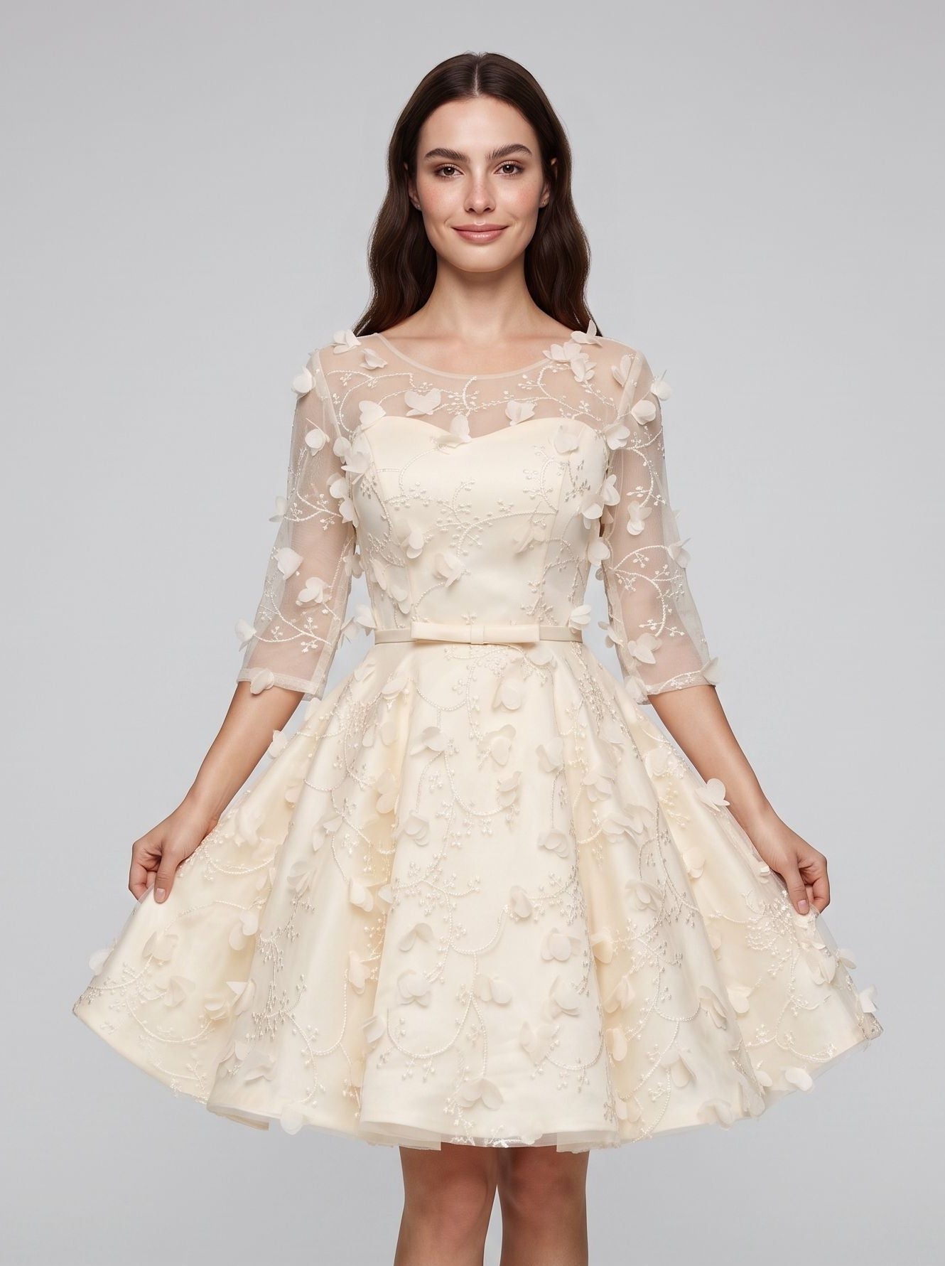 Ivory Lace A-Line Scoop Neck Criss-Cross Straps Short Dress with Floral Appliques