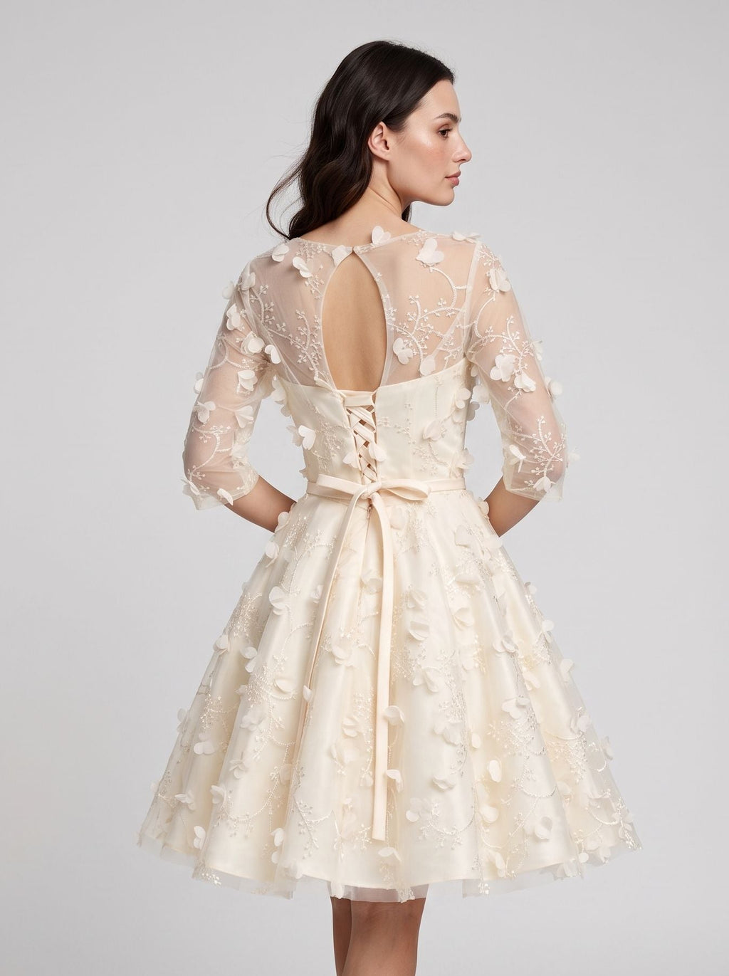 Ivory Lace A-Line Scoop Neck Criss-Cross Straps Short Dress with Floral Appliques