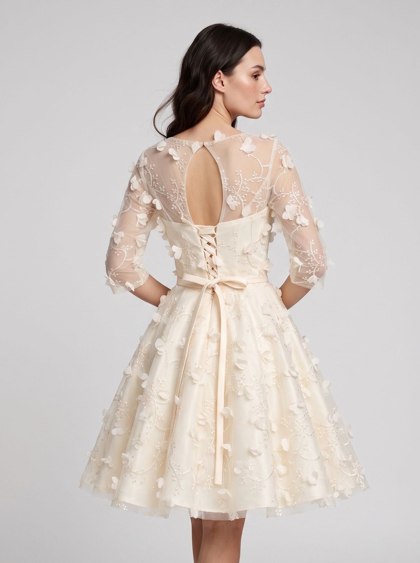 Ivory Lace A-Line Scoop Neck Criss-Cross Straps Short Dress with Floral Appliques