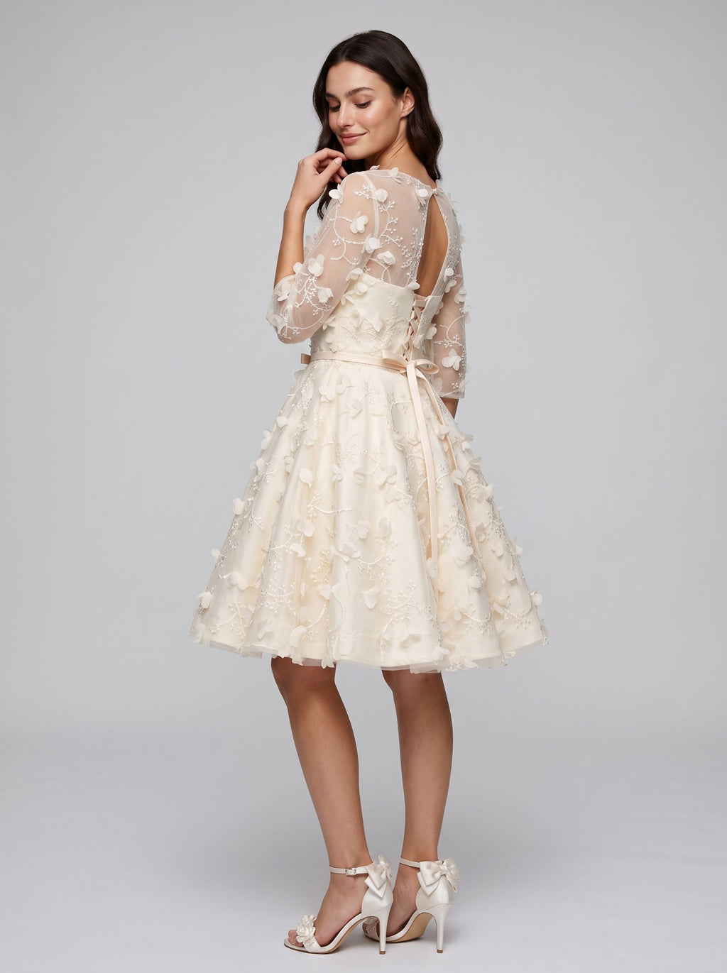 Ivory Lace A-Line Scoop Neck Criss-Cross Straps Short Dress with Floral Appliques