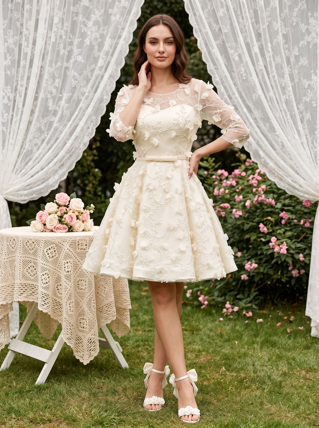 Ivory Lace A-Line Scoop Neck Criss-Cross Straps Short Dress with Floral Appliques