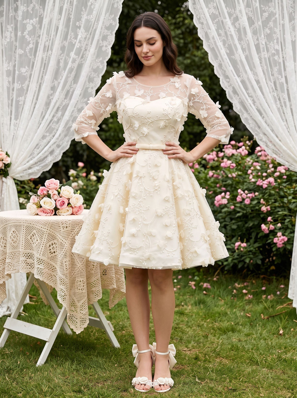 Ivory Lace A-Line Scoop Neck Criss-Cross Straps Short Dress with Floral Appliques
