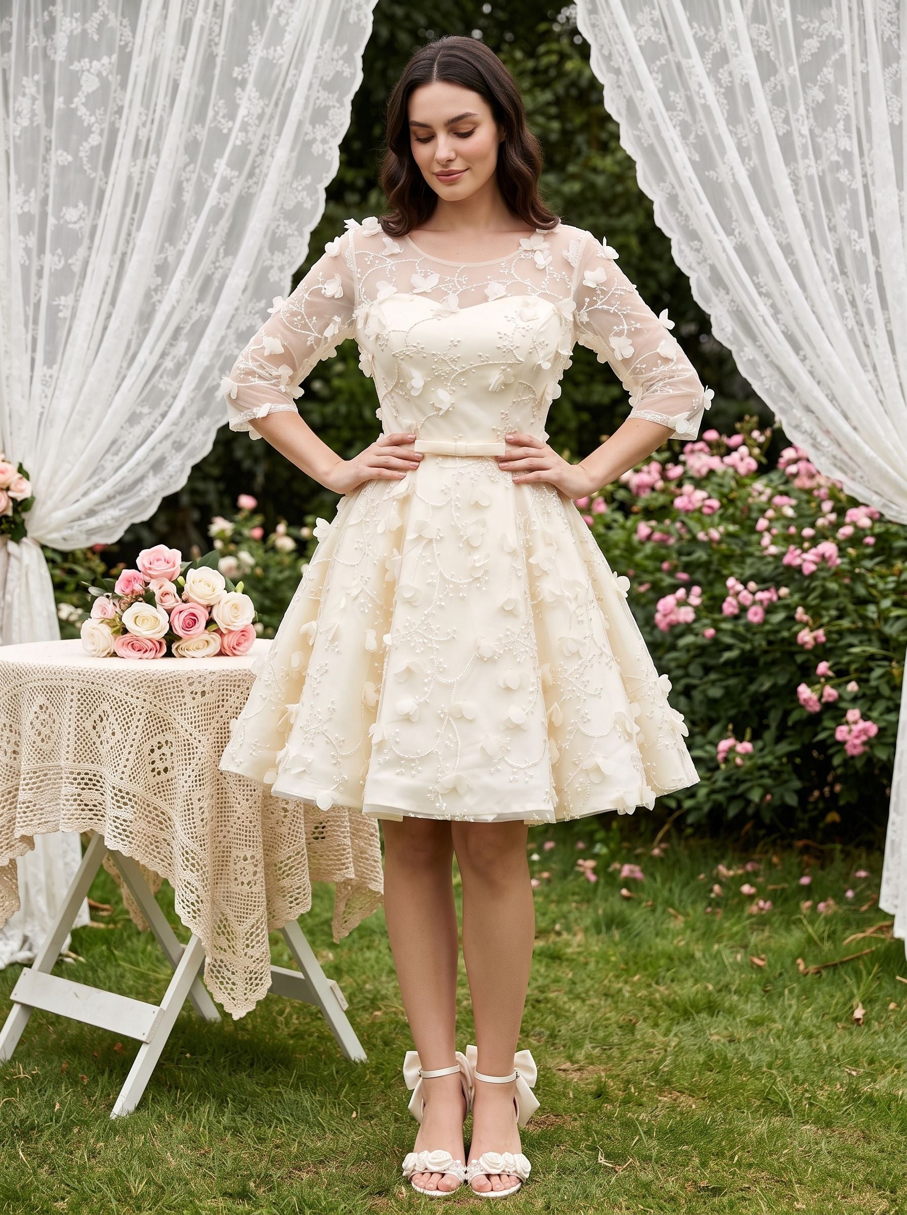 Ivory Lace A-Line Scoop Neck Criss-Cross Straps Short Dress with Floral Appliques