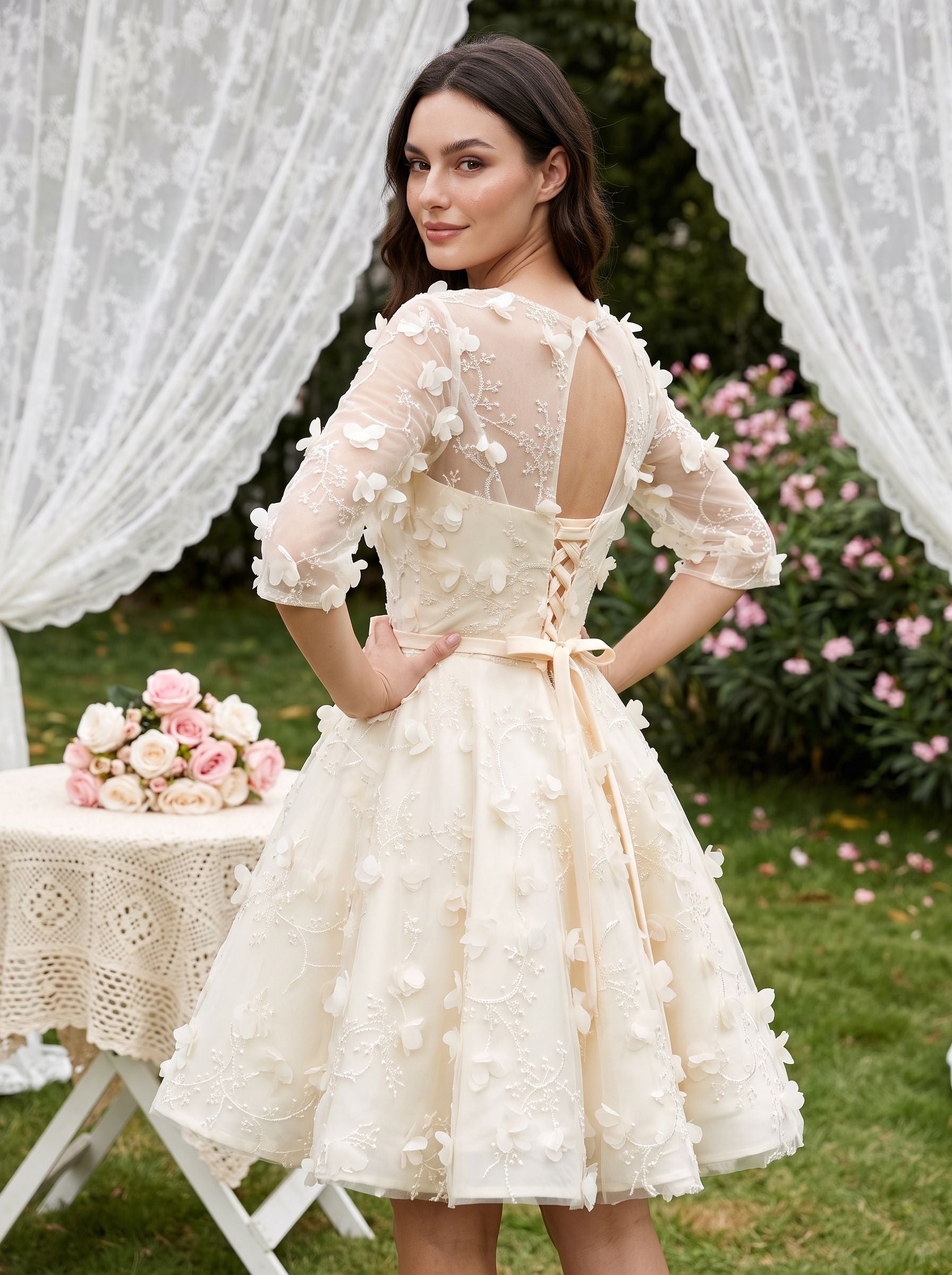 Ivory Lace A-Line Scoop Neck Criss-Cross Straps Short Dress with Floral Appliques