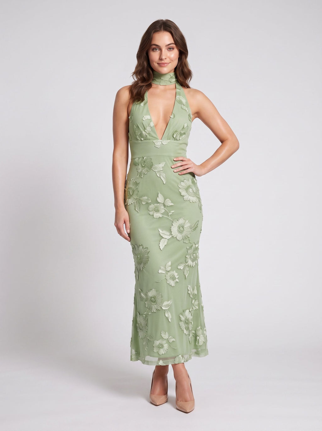 Sage Green Mesh Mermaid Halter neckline Back Zip Floor-Length Dress with Scarf