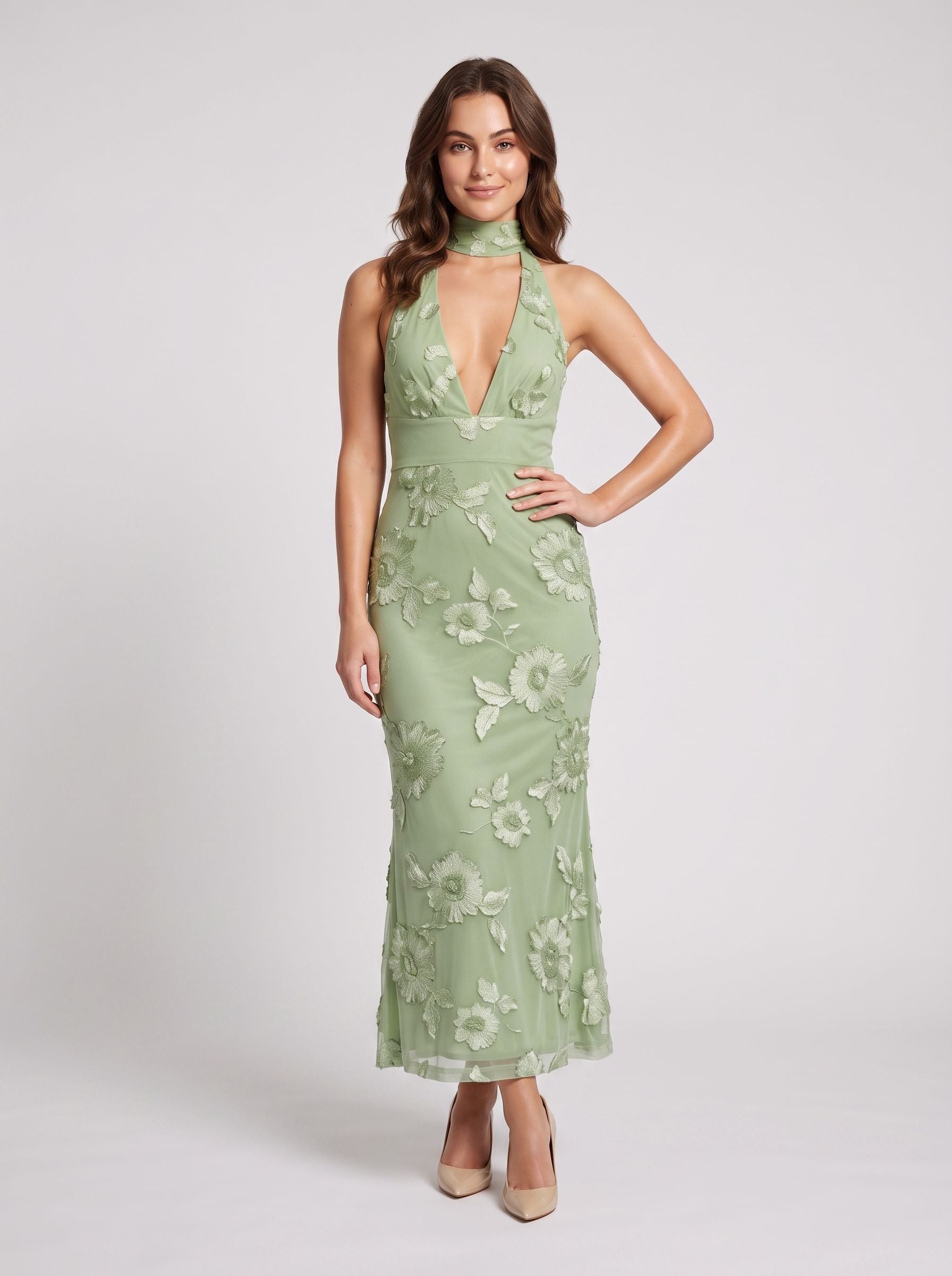 Sage Green Mesh Mermaid Halter neckline Back Zip Floor-Length Dress with Scarf
