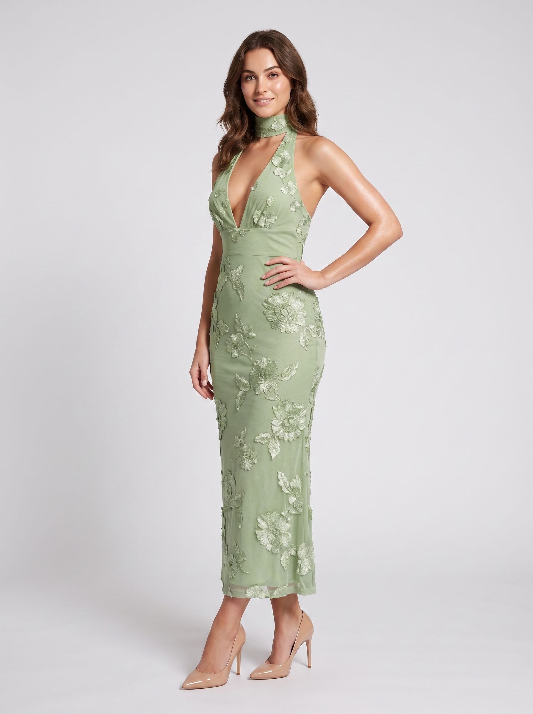 Sage Green Mesh Mermaid Halter neckline Back Zip Floor-Length Dress with Scarf