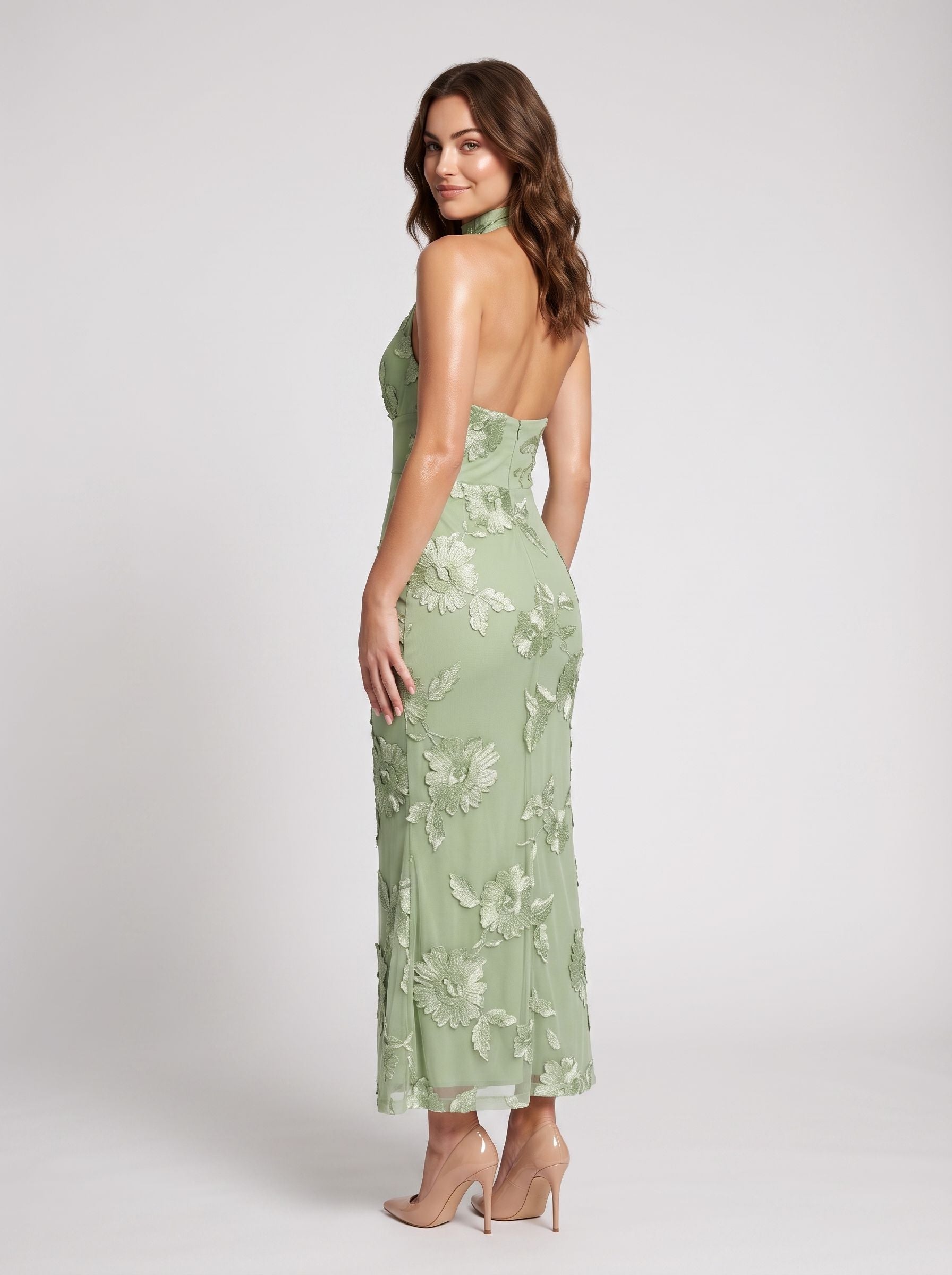 Sage Green Mesh Mermaid Halter neckline Back Zip Floor-Length Dress with Scarf