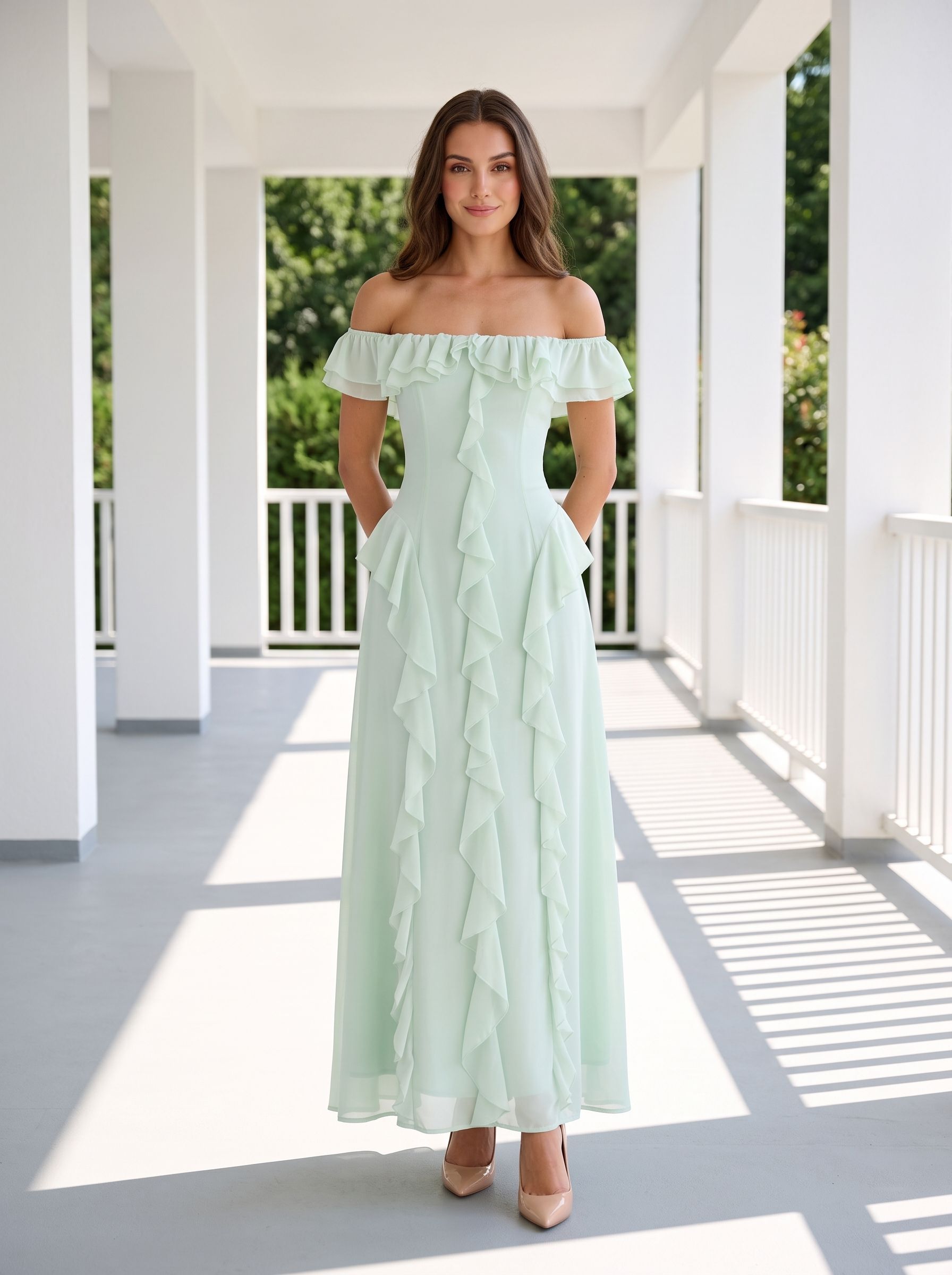 Mint Green Chiffon A-Line Off-the-Shoulder Back Zip Floor-Length Dress with Ruffled Neckline