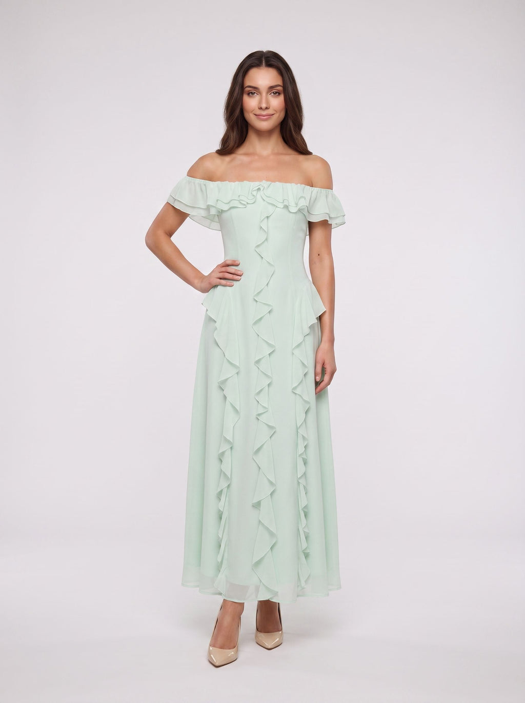 Mint Green Chiffon A-Line Off-the-Shoulder Back Zip Floor-Length Dress with Ruffled Neckline