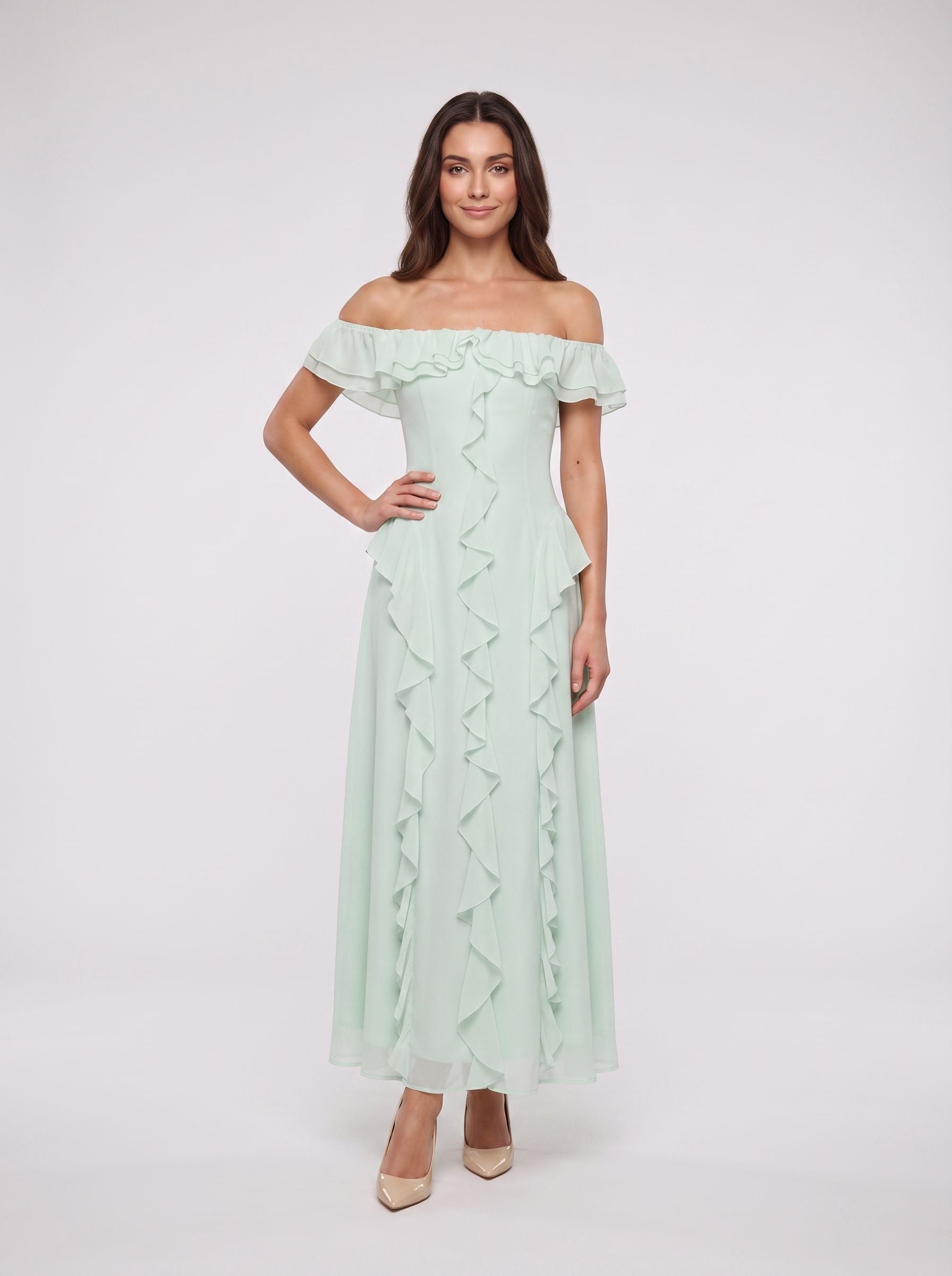 Mint Green Chiffon A-Line Off-the-Shoulder Back Zip Floor-Length Dress with Ruffled Neckline